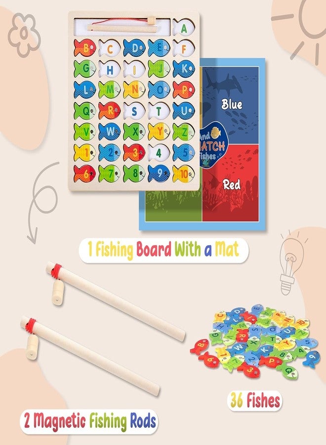 MAPA PLAY Wooden Magnetic Fishing Game for Kids 3+ Years | Montessori Educational Toy with Alphabets, Numbers & Colors | Learning Puzzle Board with 2 Fishing Rods & 36 Fish Pieces - Image 3